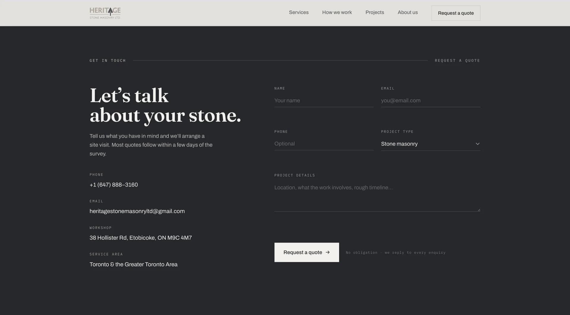 The Heritage Stone Masonry enquiry section on a dark background, headed “Let’s talk about your stone.”, with contact details and a project form.