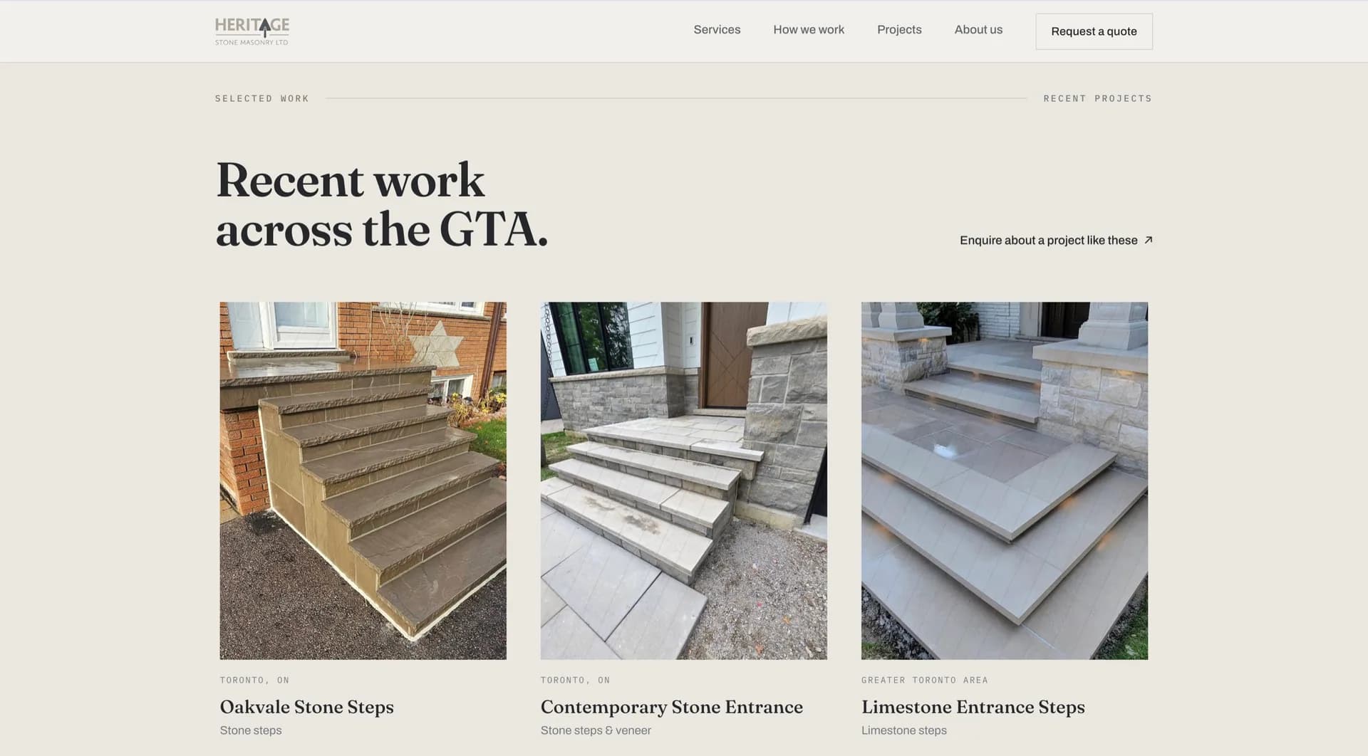 The Heritage Stone Masonry recent work section, showing three completed stone step and entrance projects across the Greater Toronto Area.