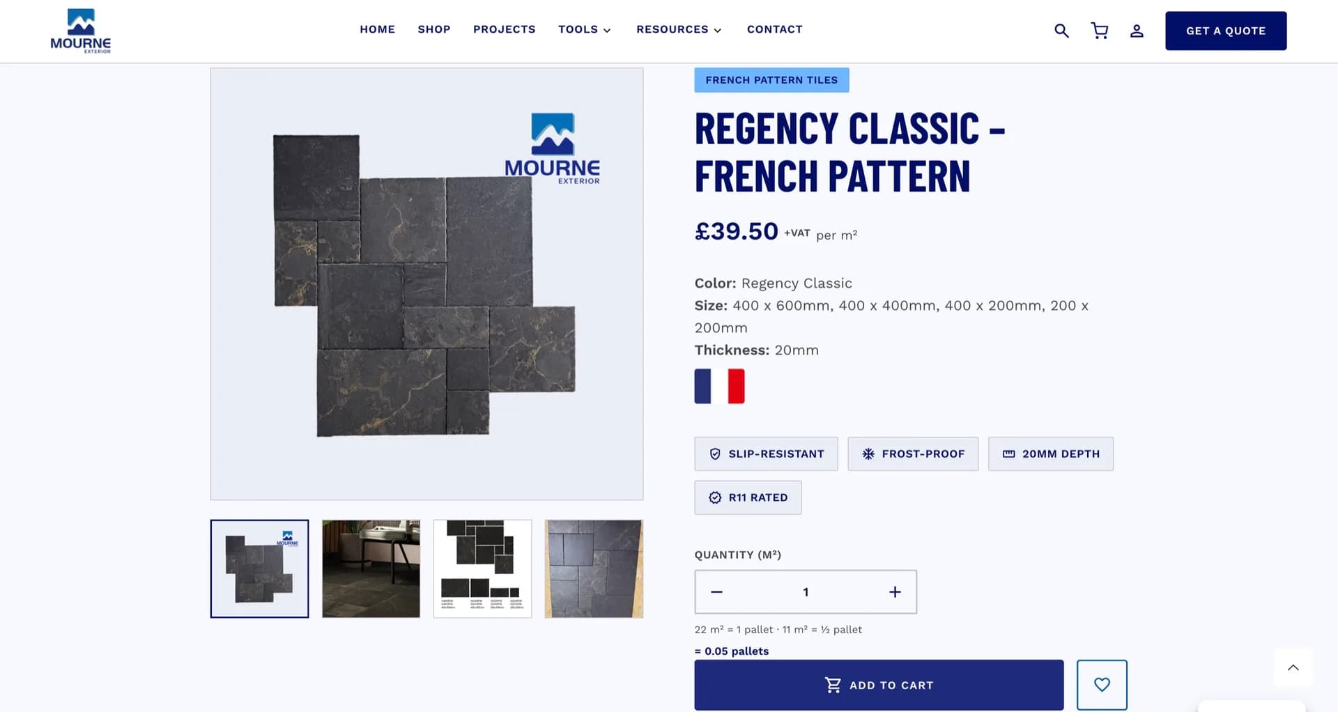 A Mourne Exterior product page for Regency Classic French Pattern tiles, showing sizes, thickness, slip and frost ratings, and a quantity selector that converts square metres into pallets.