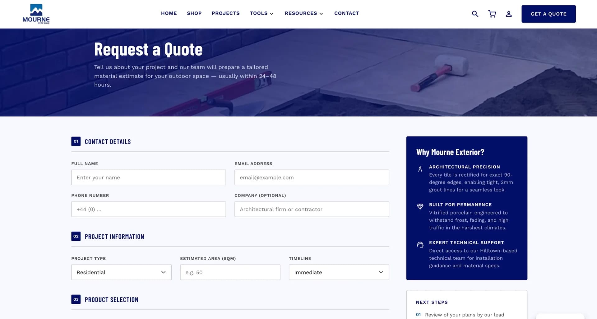 The Mourne Exterior request-a-quote page, with staged fields for contact details, project information and product selection.